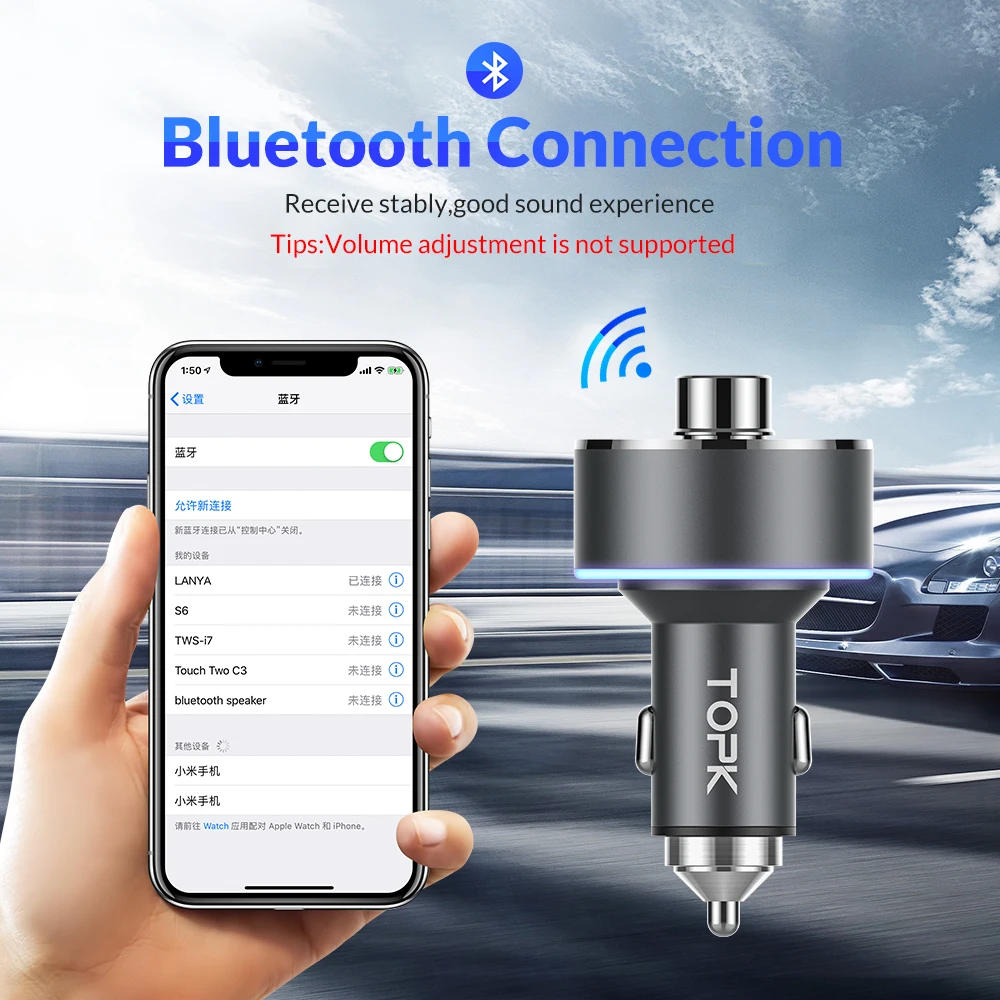 Автомобильное беспроводное зарядное устройство TOPK Bluetooth FM трансмиттер mp3 плеер