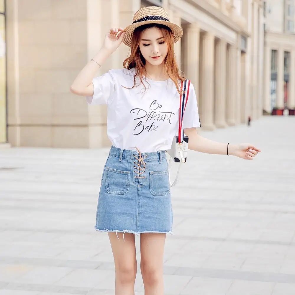 

summer 2018 new skirt Korean fashion suits jean skirts Loose white o neck t-shirts two-piece outfit lady vestido girl casual kit