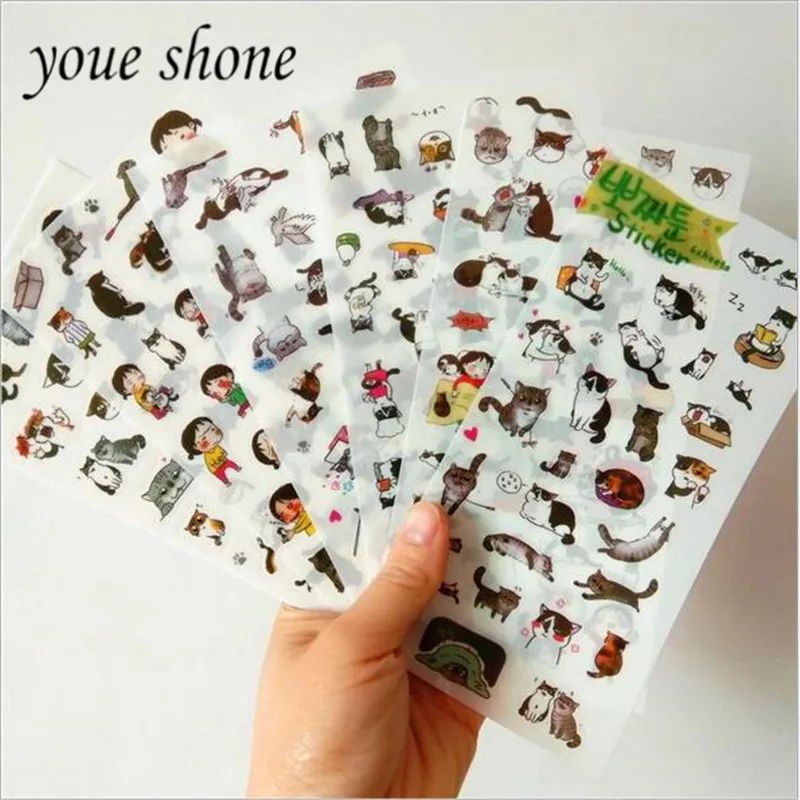 

Youe shone 6pcs/bag cat sticker Diary DIY photo album handmade decorative stickers cute transparent sticker Korean stationery