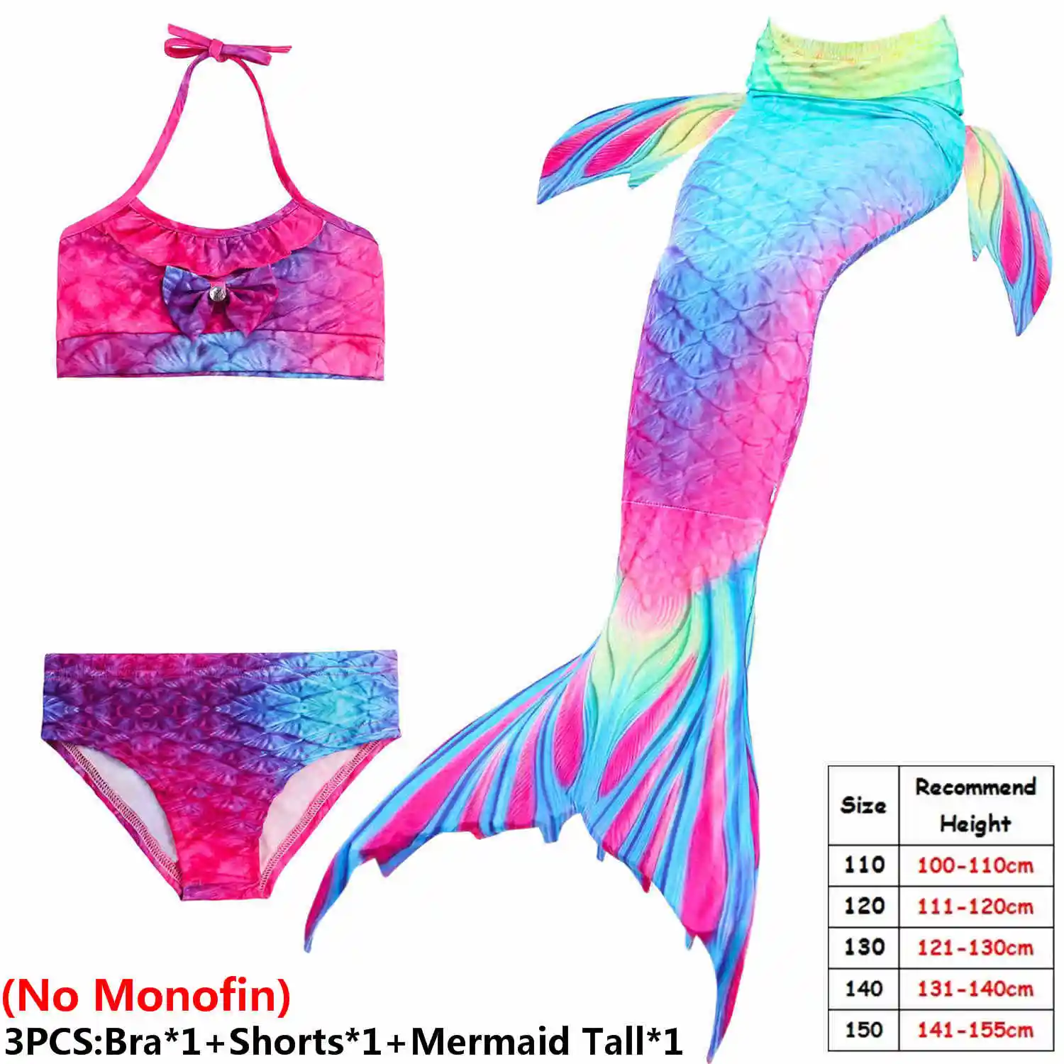 3pcs NO Monofin Детский купальный костюм русалки, бикини для девочек, хвост русалки, купальный костюм, детская одежда, Раздельный купальник, хвост русалки, одежда для купания - Цвет: 3pcs NO Monofin