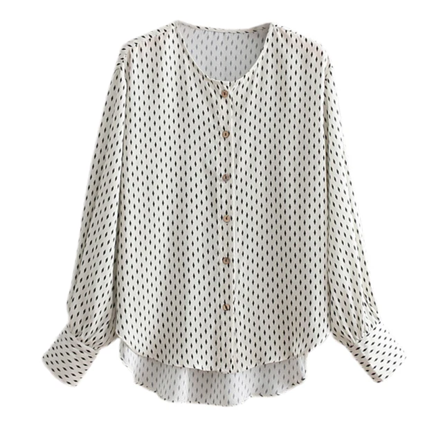 Women Geometric Print Loose Blouse V Neck Long Sleeve Asymmetrical Design Pleated Shirts Female Casual White Tops FFZSY105 |