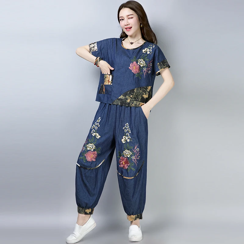 

summer Vintage National style embroidery Pant suits women's sets Tops+ loose bloomers two-piece denim Short sleeve Casual Sets