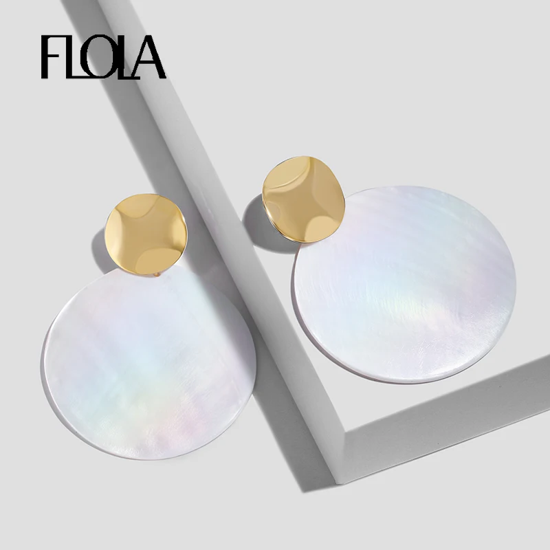 Золотые серьги ракушки FLOLA Boho Очаровательные летние круглые с белыми ракушками