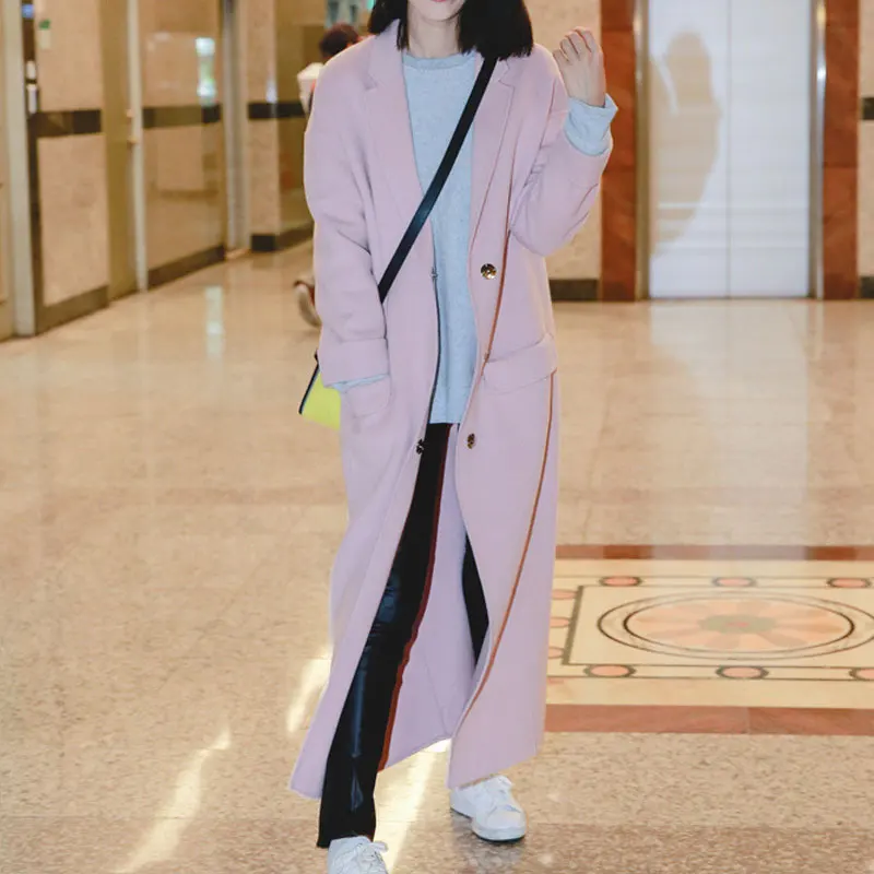 Женское длинное пальто с отложным воротником розовая Парка свободного кроя