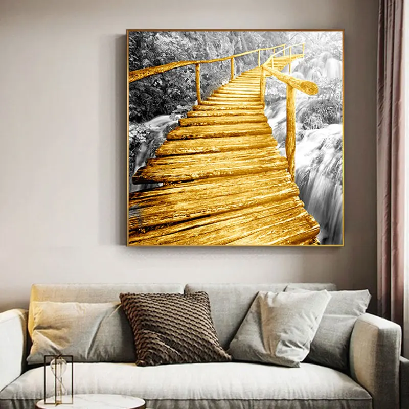 Абстрактный Золотой Желтый мост холст промышленный плакат и принт для гостиной