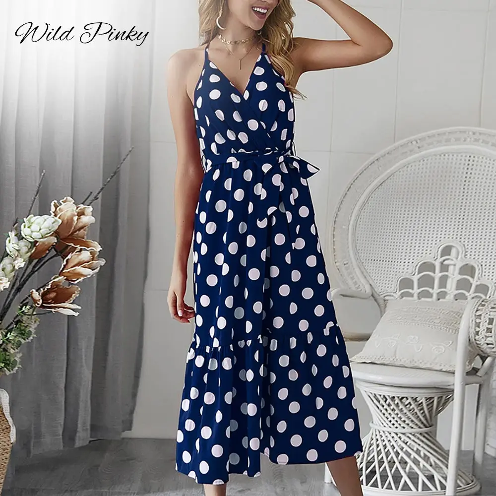 WildPinky Для женщин Boho горошек летнее пляжное платье миди Вечеринка v образным