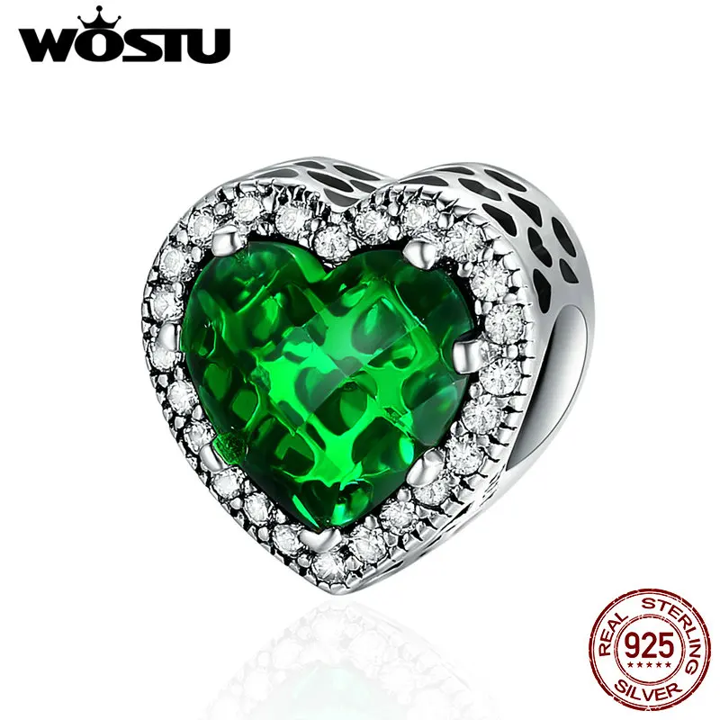 WOSTU 100% 925 пробы серебро Ослепительная Лучистая зеленая в форме сердца Шарм Бусины