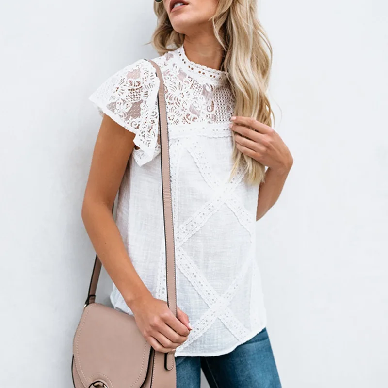

Women O Neck Short Sleeve T shirt Fashion Cotton Lace Shirts Casual Summer Sexy Hollow Out T-shirt Tops