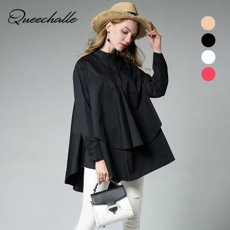 European Top design Big size Women's A line loose shirt 2017 Autumn asymmetrical Long sleeve Women Shirts 3XL Black White color|long women