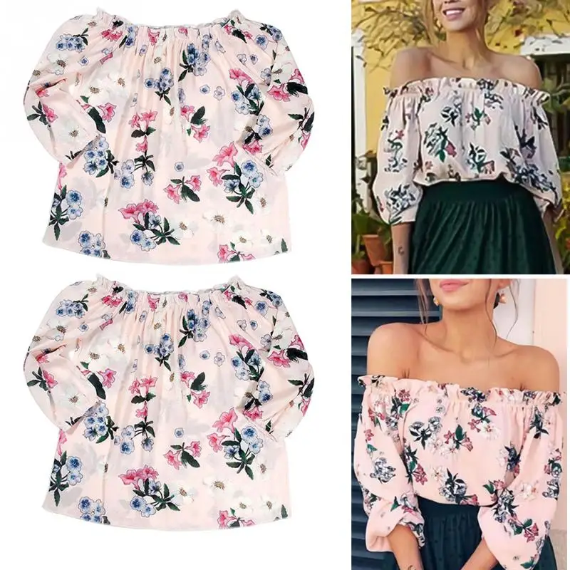 Women Girls Summer Chiffon Off Shoulder Floral Printed Long Sleeve Tops | Женская одежда