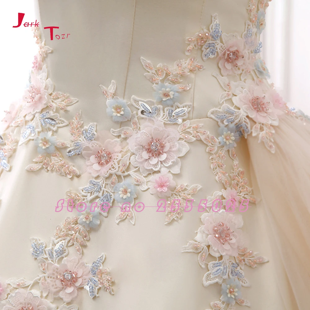 Jark Tozr New Arrive Boat Neck Short Sleeve Colorful Appliques Flowers Shiny Beading Crystal Satin Wedding Dress Casamento | Свадьбы и