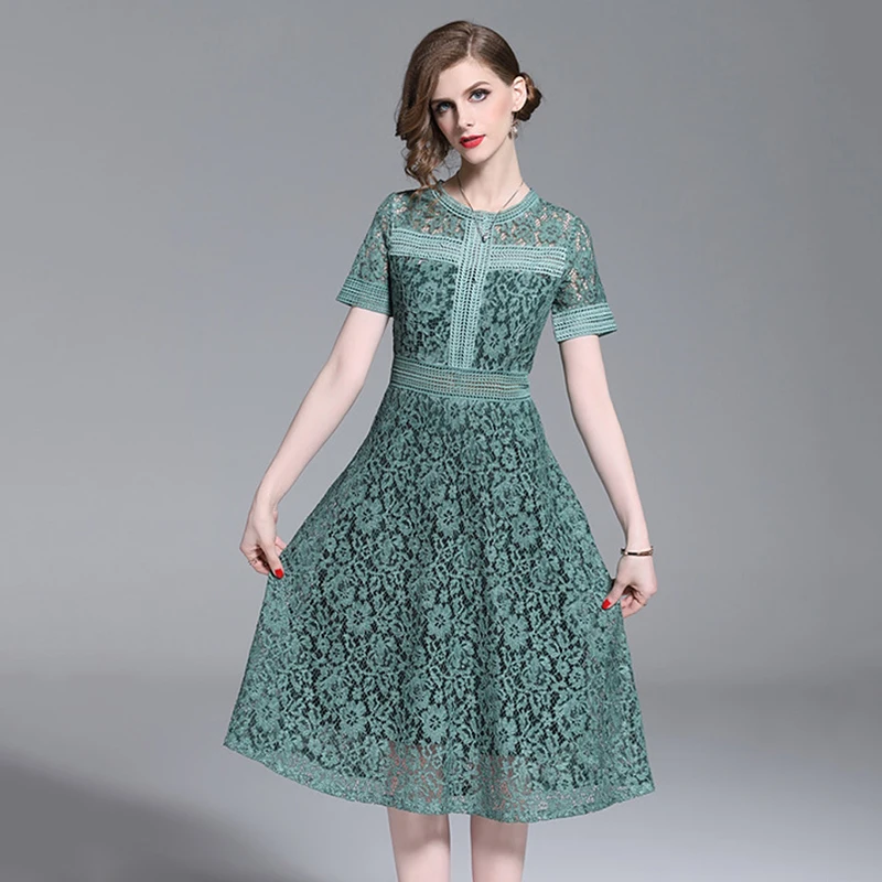 JTCY Summer Women Solid Vintage Lace Dress Party Short Sleeve O-Neck Hollow Out Sexy Female A-Line Knee-Length | Женская одежда