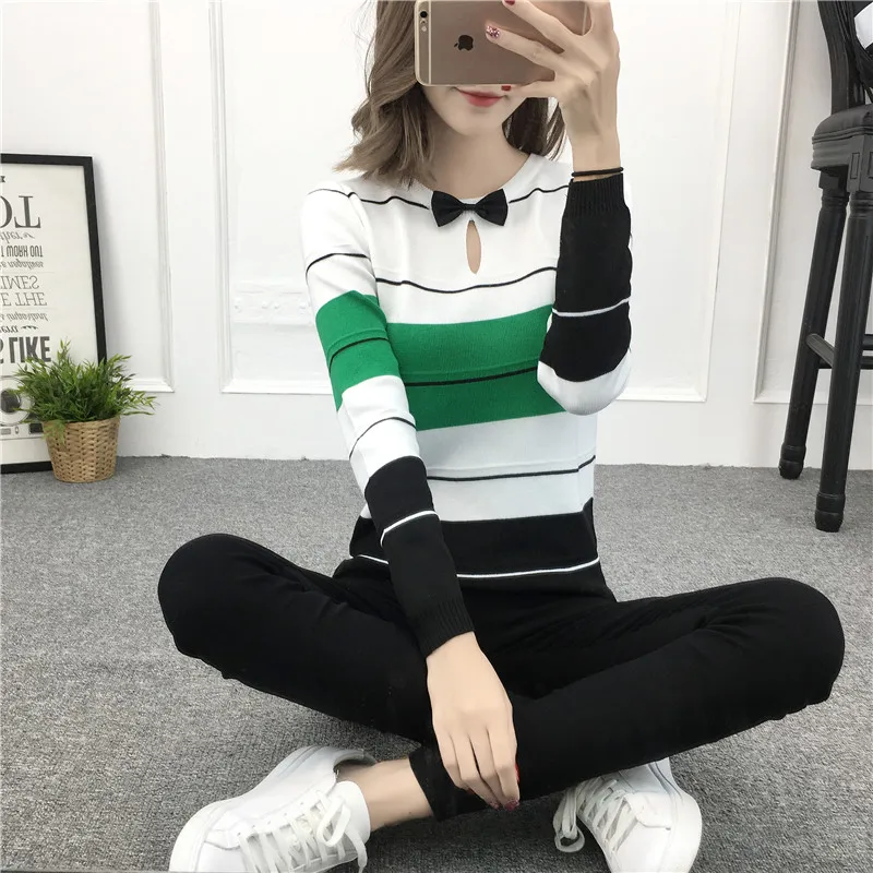 Female Winter &amp Spring Knitted Cute Bow Tie Striped Regular Short Pullover Sweater Ladies Casual All-match Wear Blouse | Женская