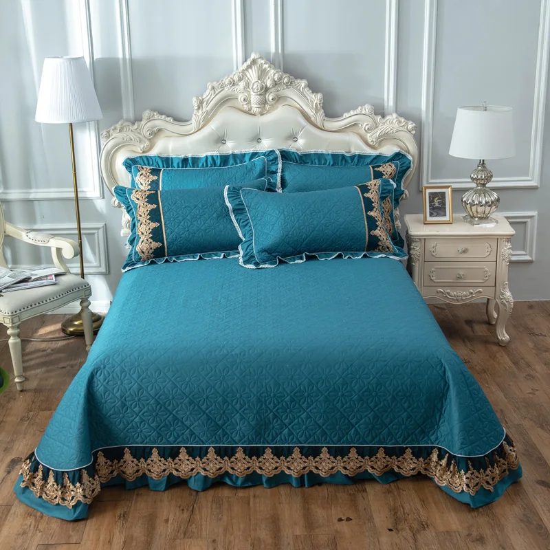 

Cotton embroidery with cotton quilting Bedspread Fitted Sheet Pillowcases 2/3 pcs Luxury Pure lace Bedding