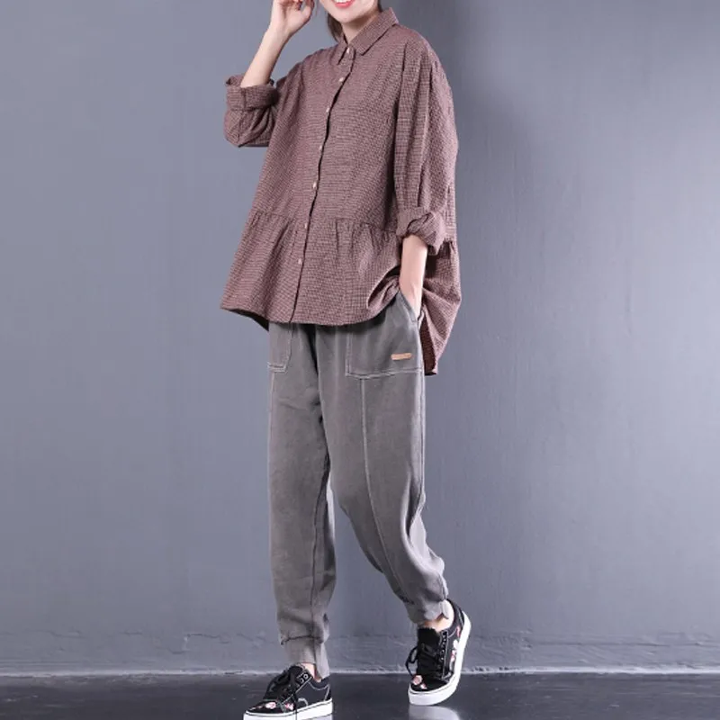 ZAZNEA, женская блузка, модная, осенняя, с оборками, Blusas, с отворотом, OL, рубашка, Повседневная, на груди, с карманами, на пуговицах, в клетку, топ размера плюс