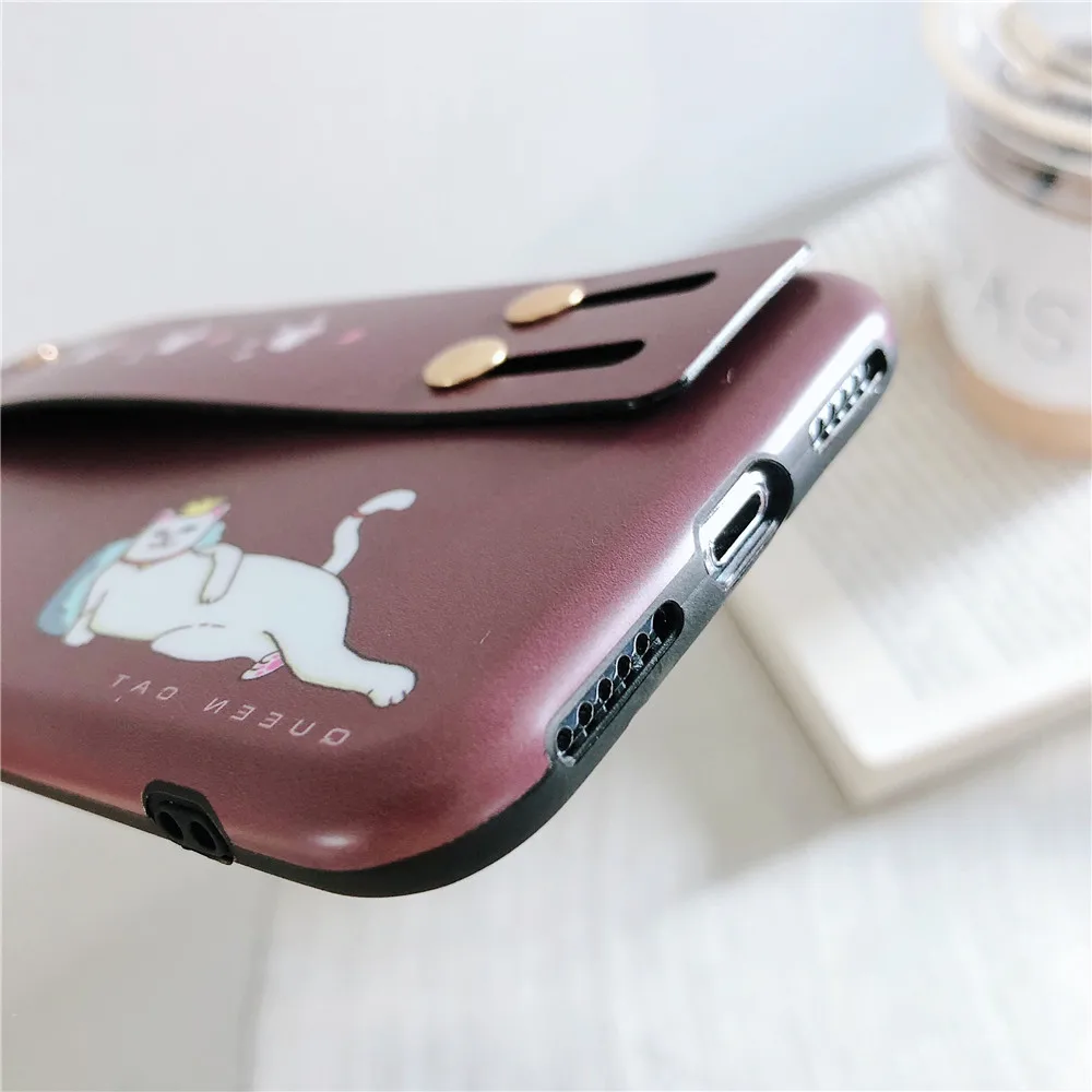Couple Glossy Leather Wrist Strap Phone Case for IPhoneX XR XS Max Crown Noble Cat Cover Iphone 6s 7 8 Plus |