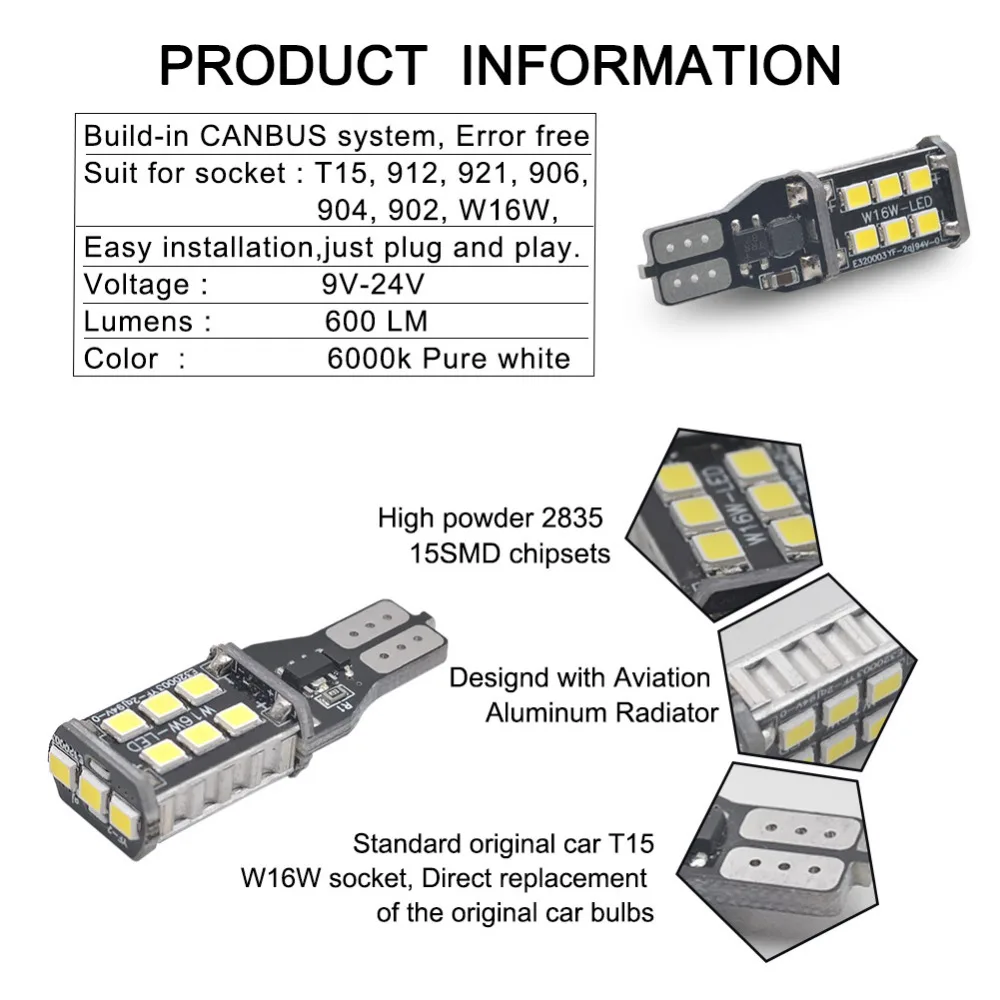 2 шт. T15 W16W Обратный Свет 15SMD 2835 светодиодные чипы Canbus без ошибок Светодиодная