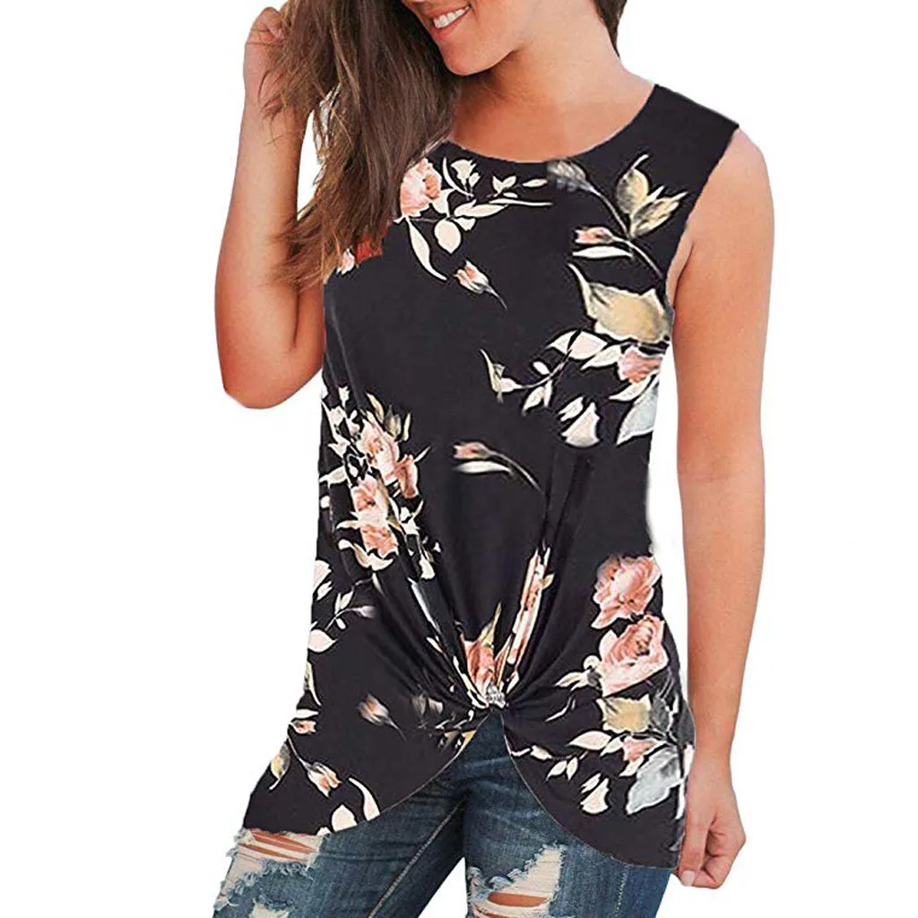 Sleeveless Blouses Woman 2019 O-Neck Floral Print Summer Shirt Asymmetrical Knotted Hem Blouse Tunics Short Haut Femme |