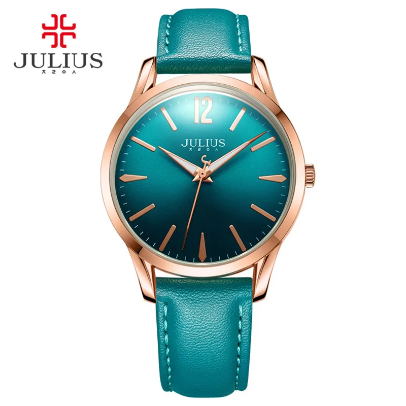 Мужские наручные часы JULIUS простые кварцевые корейский дизайн кожа синий зеленый