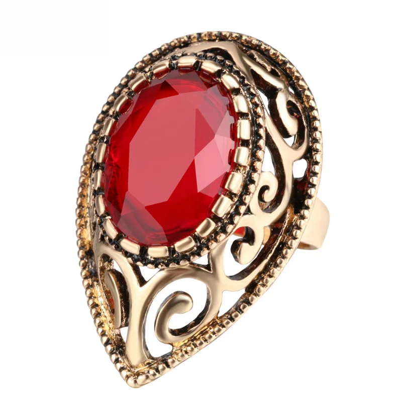 

Vintage Indian Zircon Antique Gold Finger Rings For Women Hollow Water Drop Ring Female Bohemian Turkish Jewelry