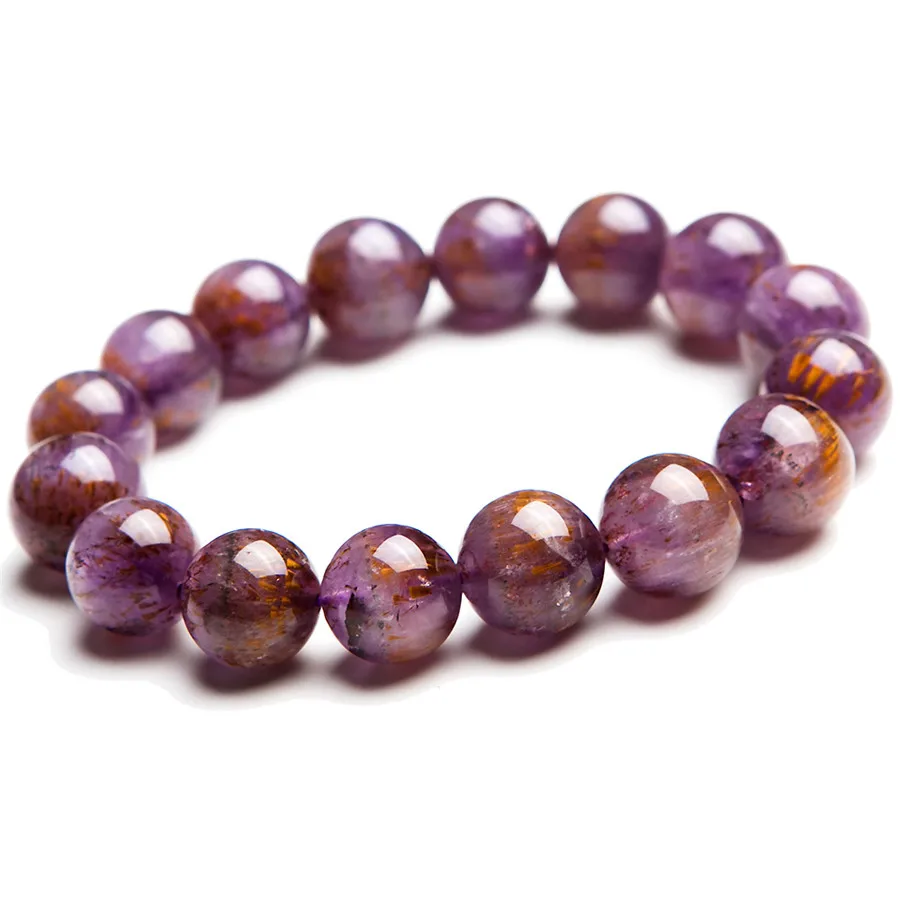 

13mm Natural Purple Gold Titanium Cacoxenite Rutilated Quartz Crystal Transparent Round Beads Stretch Charm Bracelet Femme