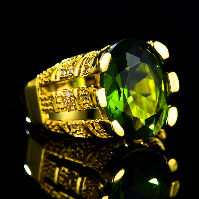 Anillo de dedo ovalado de peridoto dorado para hombre, anillo de piedra de circón de cristal grande de lujo, compromiso