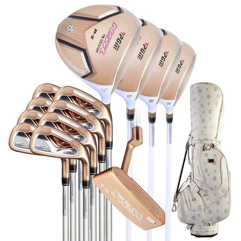 baratas Conjuntos De Tacos De Golfe PGM Das Mulheres Com Saco (13 Peça) Pacote Padrão Floresta + 8 PCS Ferros Putter + 4 PCS Barra De Ouro Edição Completa