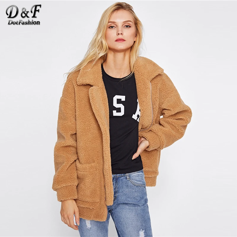 Dotfashion Camel Drop Shoulder негабаритная флисовая куртка зимняя женская новая стильная куртка на молнии с воротником и длинным рукавом опрятное негабаритное пальто