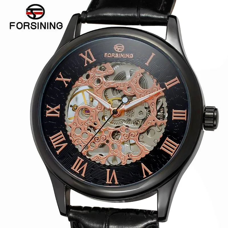Механические часы с скелетом для мужчин модные брендовые черные наручные