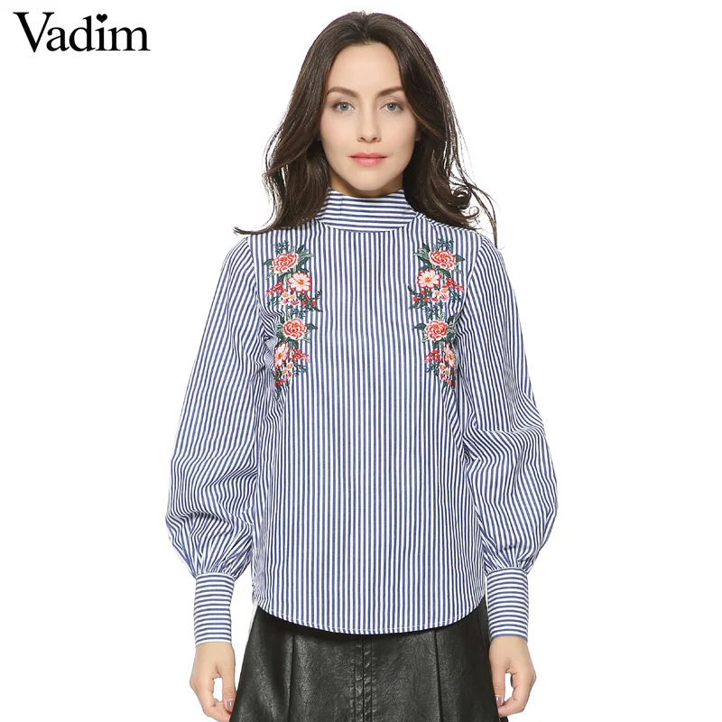 Блузка Vadim Женская с вышитыми цветами в полоску из хлопка длинным рукавом высоким