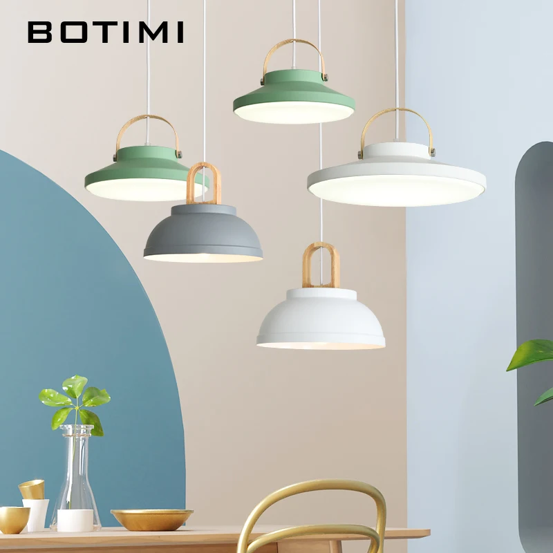 BOTIMI White Metal LED Pendant Lights For Dining Room Modern Indoor Wooden Kitchen Gray Hanging Lamp