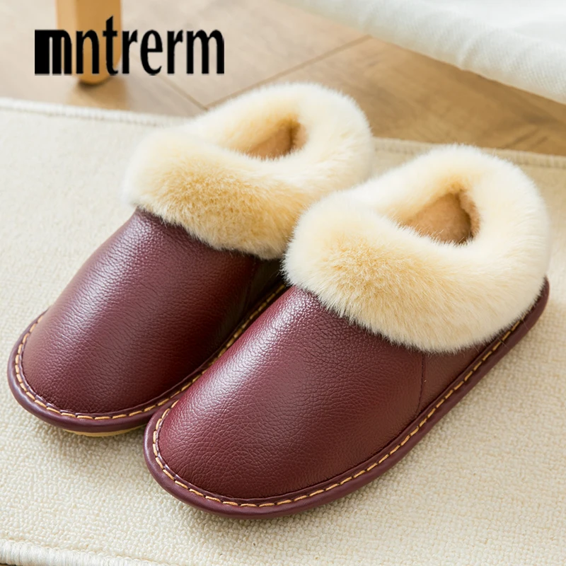 

Mntrerm 2020 Winter Plush Warm Home Leather Slippers Non-Slip Thick Warm House Shoes Cotton Men Slippers Plus Size Indoor Shoes