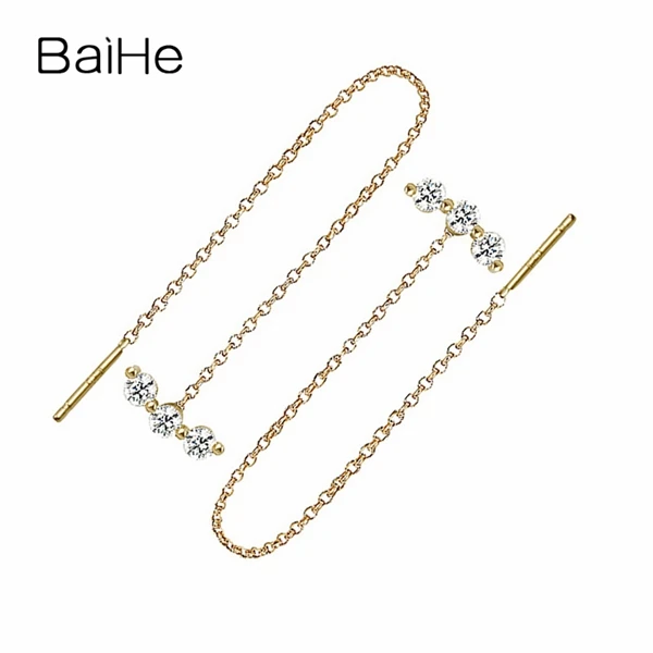 BAIHE Твердые 18 К желтого золота 0.02CT H/SI круглые натуральные бриллианты Свадебные модные ювелирные изделия Элегантные уникальные серьги-гвоздики