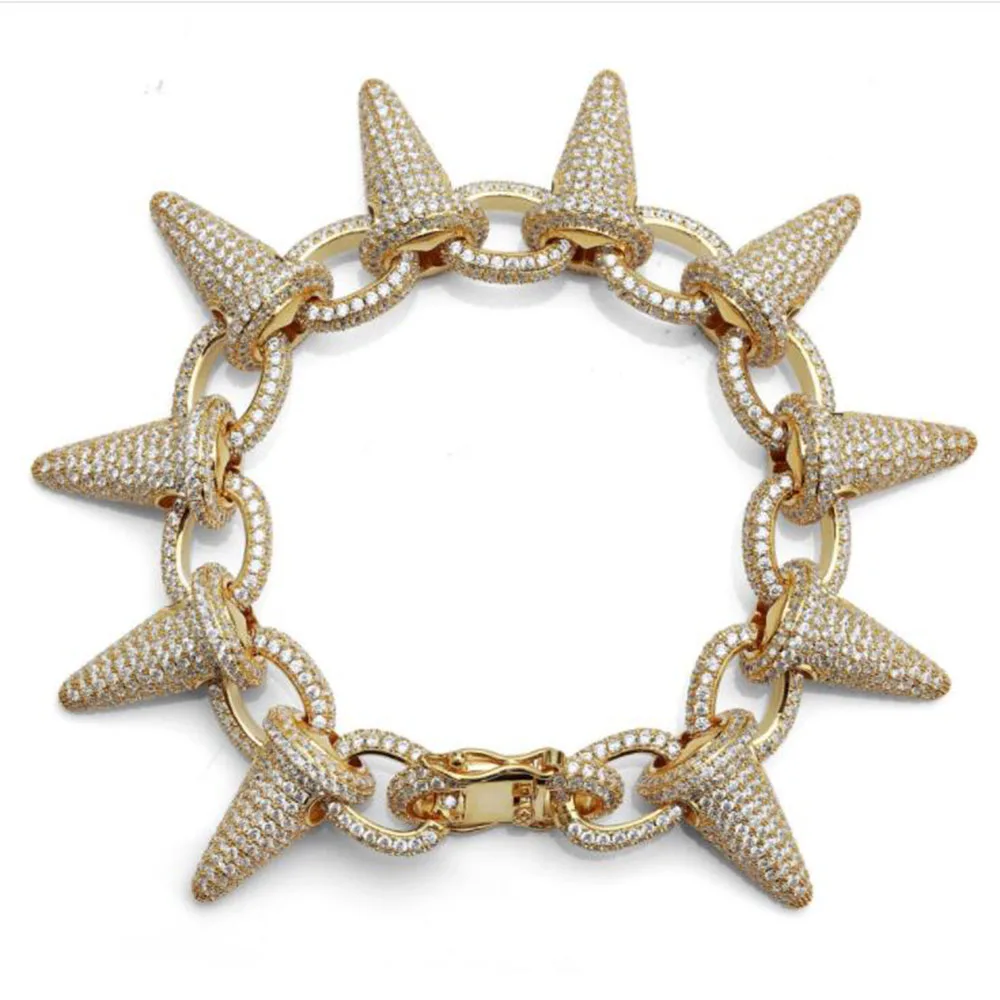 Роскошная Рок Мода Iced Out заклепочные шипы браслеты микро проложить Bling Циркон хип хоп браслеты золотые серебряные подарки для мужчин и женщин - Окраска металла: gold
