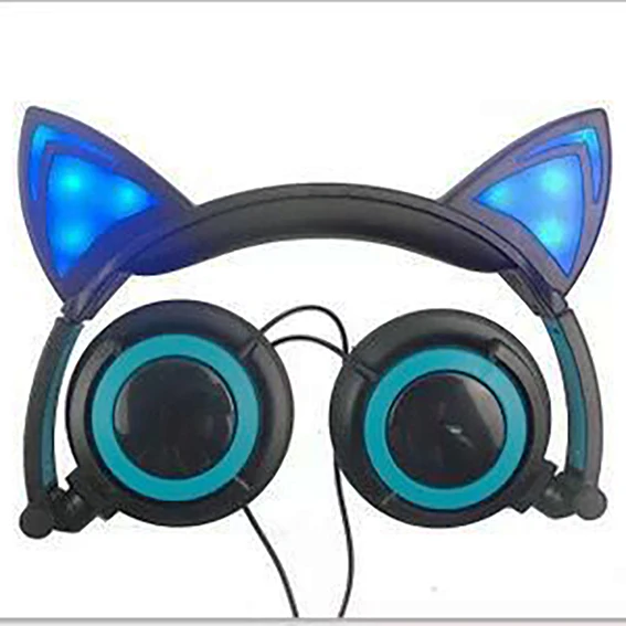 Black add blue Светодиодный проводные наушники с кошачьими ушками, большие игровые светящиеся наушники, гарнитура с микрофоном для iPhone, samsung, компьютерный телефон, наушники - Цвет: Black add blue