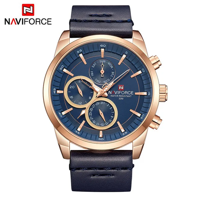 Мужские часы NAVIFORCE Топ бренд класса люкс водонепроницаемые 24 часа дата Кварцевые часы мужские модные кожаные спортивные наручные часы Мужские часы - Цвет: blue blue gold