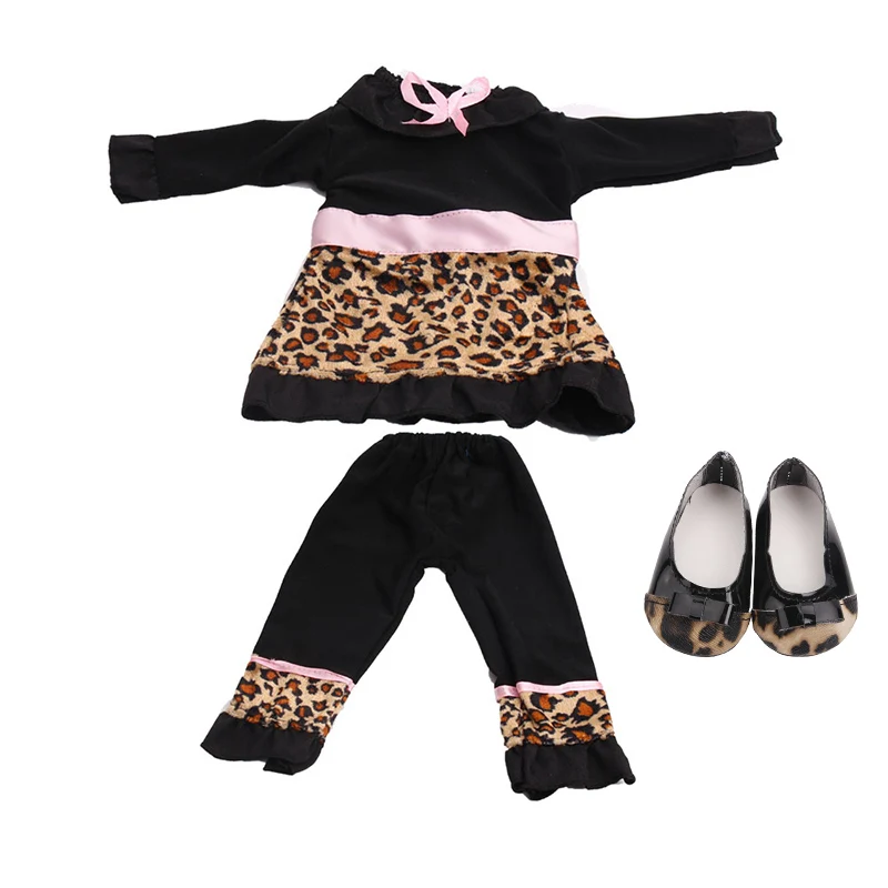 Leopard grain black 18 дюймовая кукольная одежда для девочек, розовый свитер, повседневный костюм с обувью, американское платье для новорожденных, детские игрушки, подходят для 43 см, детские куклы c46 - Цвет: Leopard grain black