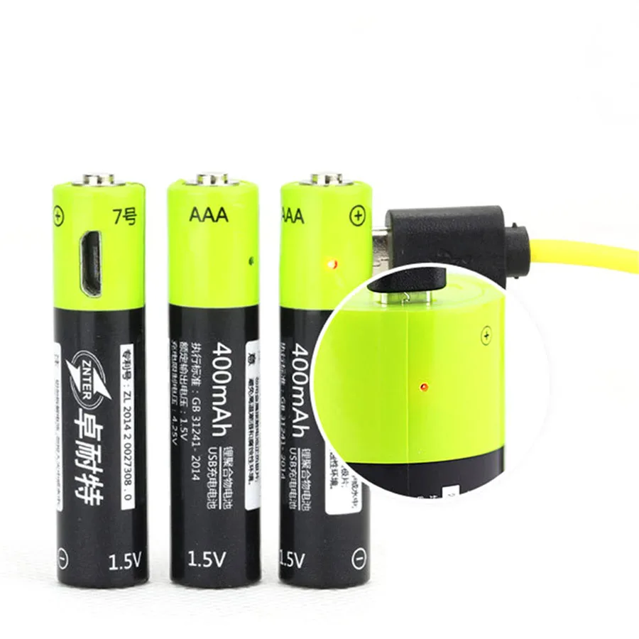 AAA 1,5 V 400mAh USB аккумуляторная батарея универсальный ZNT7 литий-полимерные батареи батарея с микро USB кабелем ROHS CE