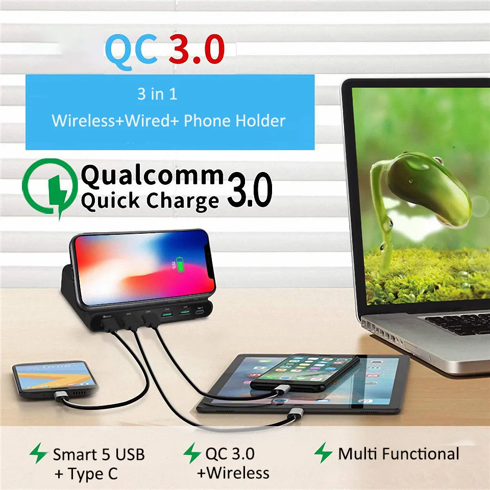 Universal Qi Fast Wireless Charger 5 Port USB Cargador Inalambrico Quick Charge 3.0 Chargeur For Iphone Samsung Xiaomi Movil | Мобильные