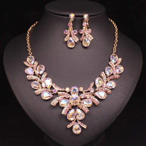 white ab in gold Модные блестящие AB Кристалл индийские Свадебные украшения наборы Свадебная вечеринка позолоченные серьги и ожерелье набор подарки для женщин - Окраска металла: white ab in gold
