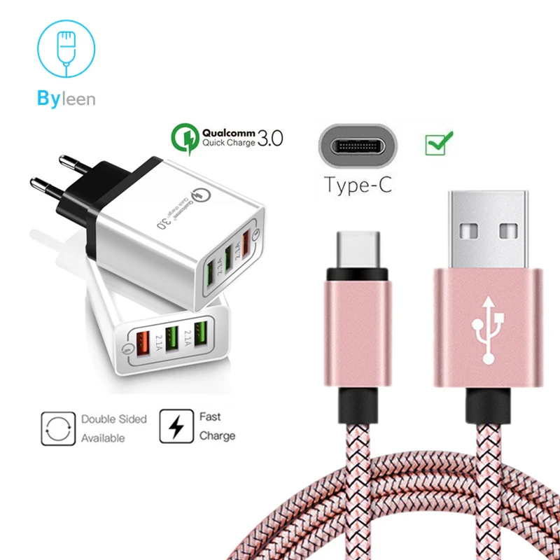 Сетевой адаптер для быстрой зарядки с 3USB портами QC 3 0 и USB Type C длина 1 м кабель