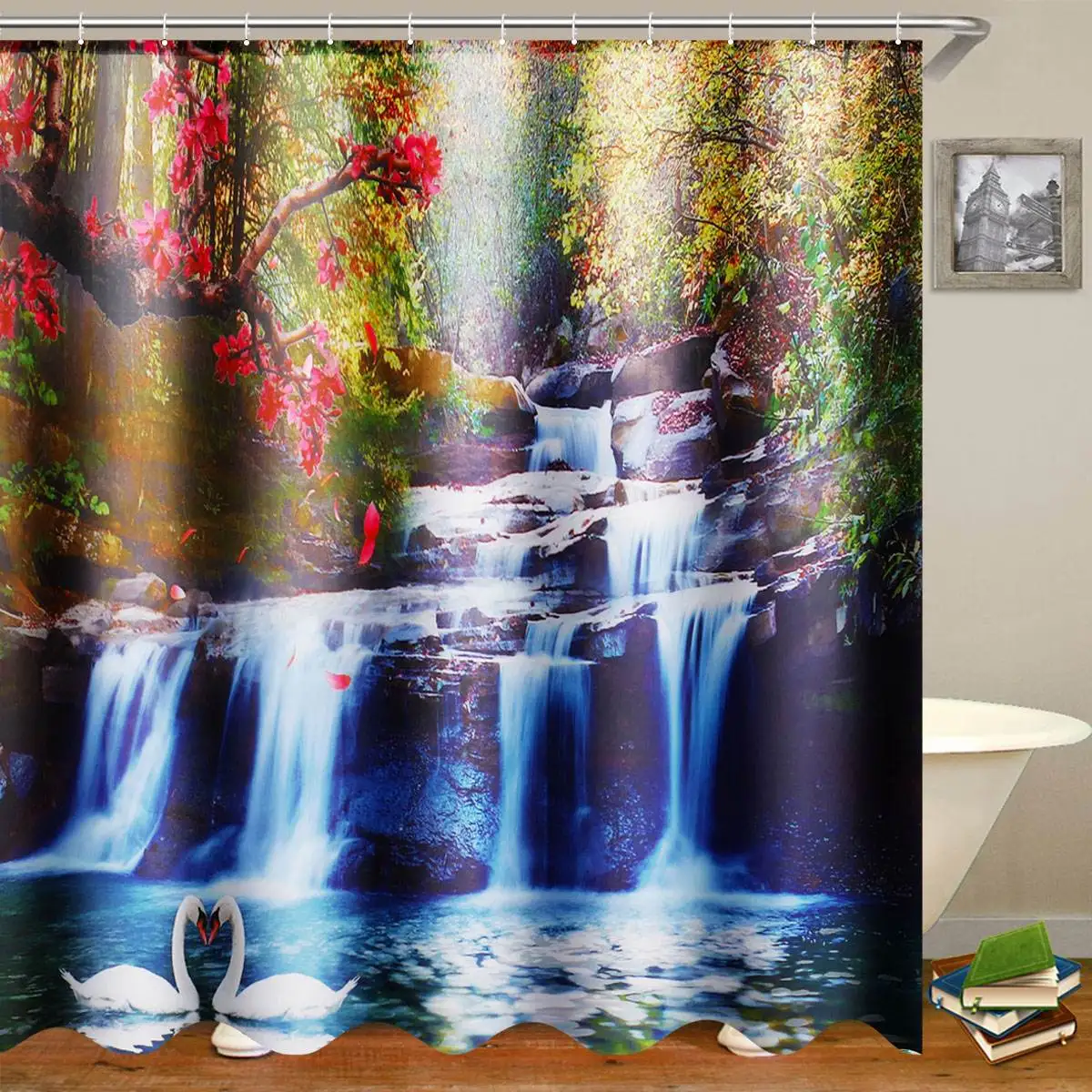 G Shower curtain 3D водопад пейзаж водонепроницаемый занавеска для душа для ванной Пейзаж Деревья цветок коврик для ванной комплект пьедестал коврик крышка Туалет крышка - Цвет: G Shower curtain