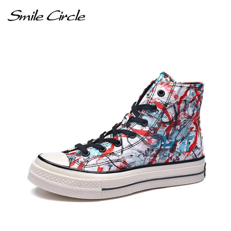 A9146088 Multicolor Smile Circle/; сезон весна; разноцветная обувь на плоской платформе; женские модные парусиновые кроссовки с высоким берцем; женская повседневная обувь на шнуровке - Цвет: A9146088 Multicolor