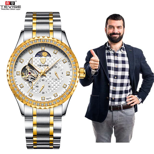 Tevise Мужские механические Самовзводные часы Нержавеющая сталь Moon Phase Tourbillon