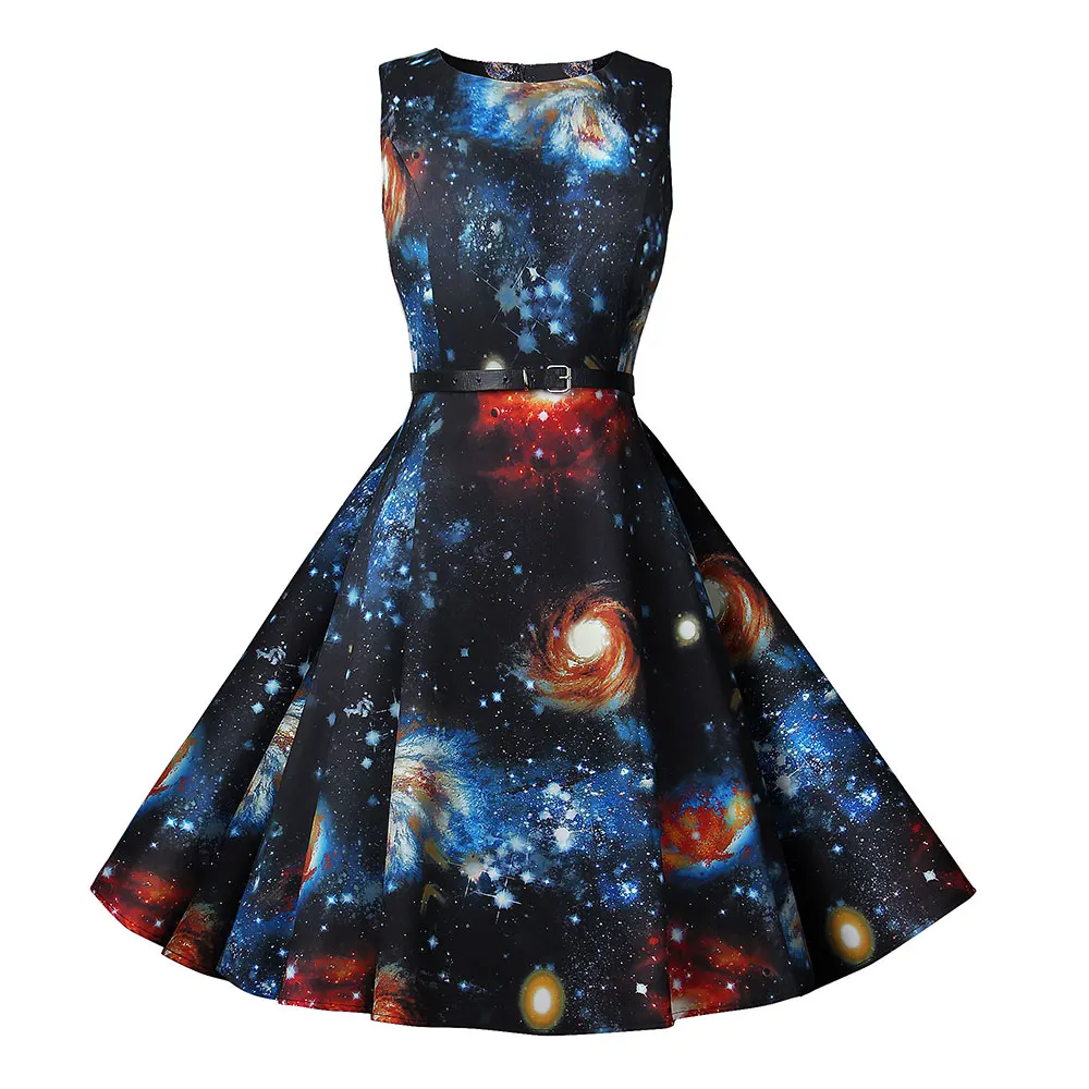 Summer Dress Women New Planet Print Vintage With Belt Sleeveless Elegant Lace Party Retro 50s 60s Country Dresses Sundress | Женская