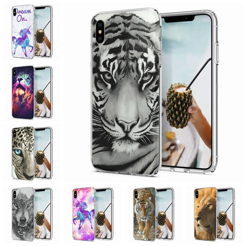 Мягкий чехол для iPhone X XS XR чехлы из ТПУ цветной единорог Лев Леопардовый узор Fundas