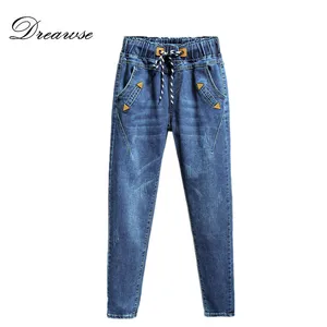 Женские брюки из денима Dreawse, Длинные повседневные брюки из денима, с высокой талией и эластичной резинкой, MZ2489, 200 фунтов, размера плюс