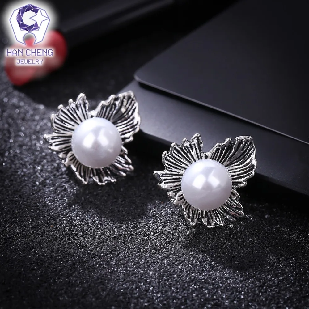 HanCheng Новые Модные Винтажные серьги-клипсы с металлическим листом и жемчугом для
