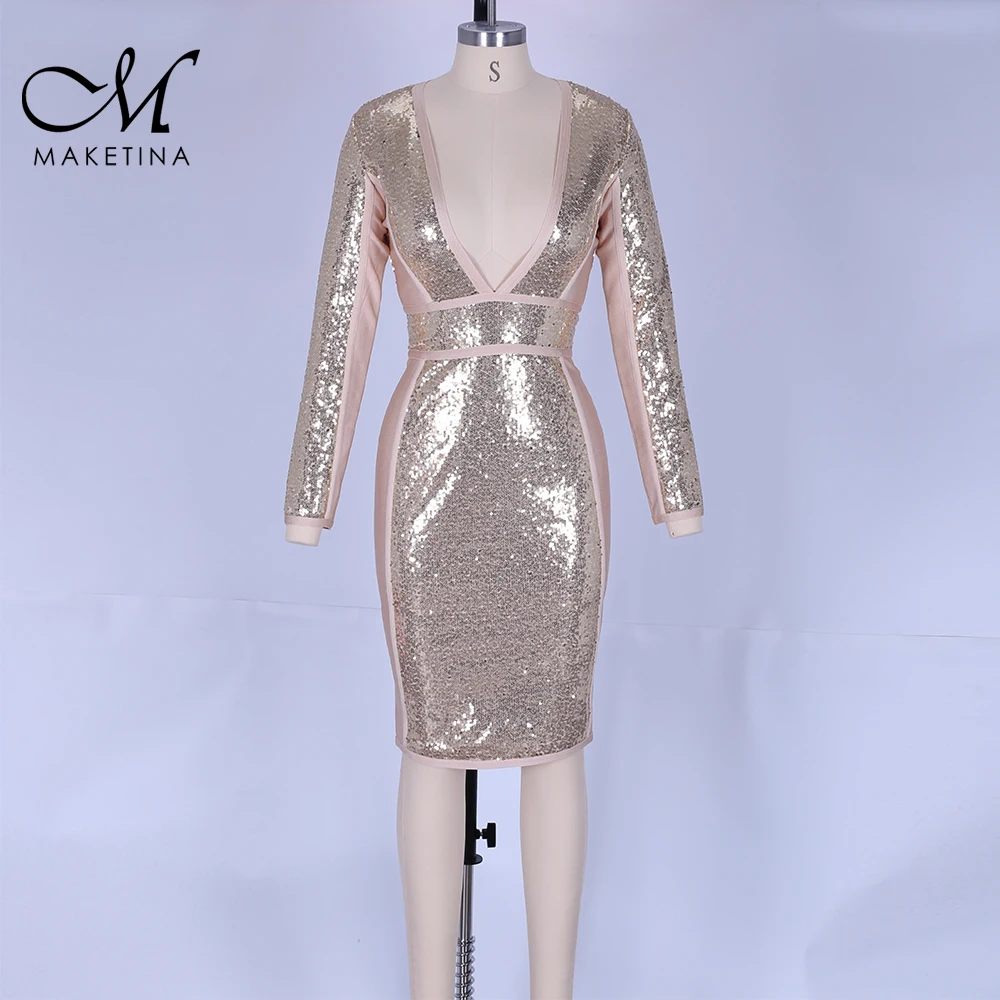 Maketina Новое поступление рождественское Бандажное платье с золотыми блестками сексуальное облегающее платье с глубоким v-образным вырезом женское Бандажное платье с длинным рукавом из вискозы