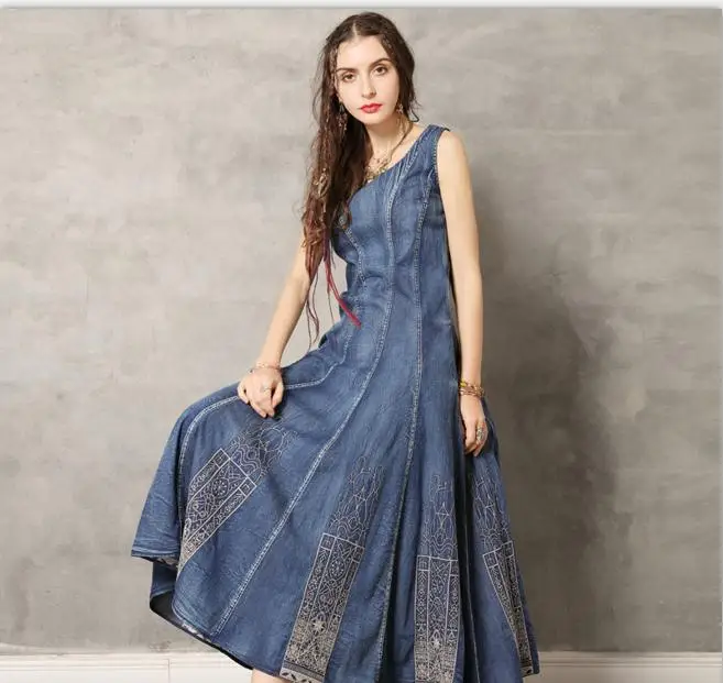 

Women Summre Denim Bohemian Dress O-Neck Vintage Embroidered Sundress Fashion Female Swing Hem Jeans Dress Sexy Robe Femme J2946